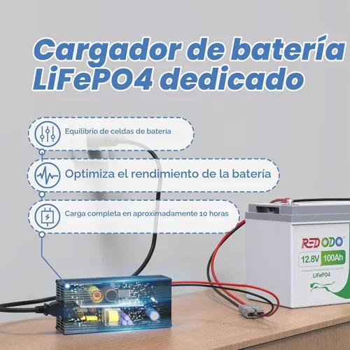 Vista 3 de Redodo Batería LiFePO4 de 12.8V 100Ah con cargador de litio de 14.6V 20A