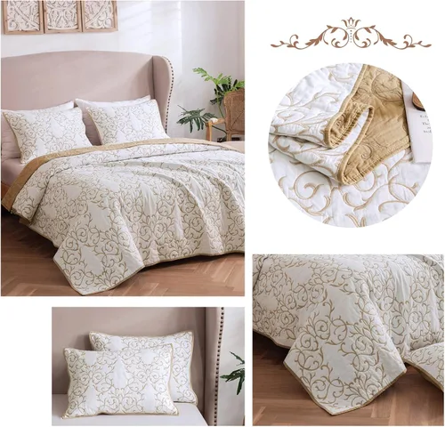 Vista 5 de Mixinni - Juego de colcha reversible de 2 piezas, tamaño individual, color beige, con patrón bordado elegante, juego de edredón y funda de almohada