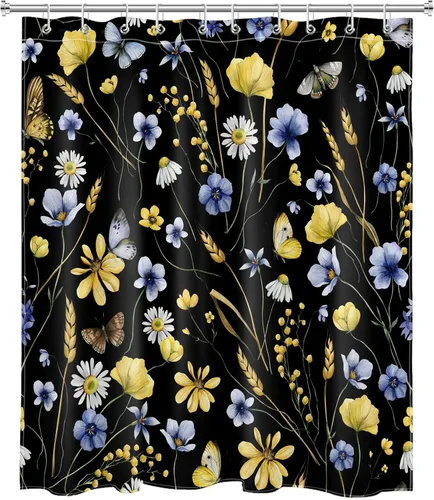 Vista 2 de EOBTAIN Nature - Cortina de ducha con flores silvestres para baño, cortina de ducha amarilla floral y mariposa sobre negro, con 10 ganchos, juego