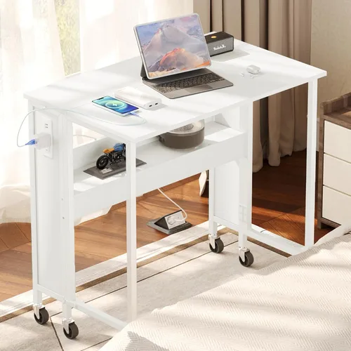 Vista 11 de CHOEZON Escritorio plegable moderno para computadora de 31.5 pulgadas con tomas de corriente, ruedas, almacenamiento, perfecto para espacios Negro