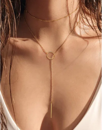 Vista 6 de FOCALOOK Collares largos para mujer, chapados en oro de 14 quilates, delicado colgante de barra de gota en forma de Y, juego de aretes de 28 pulgadas