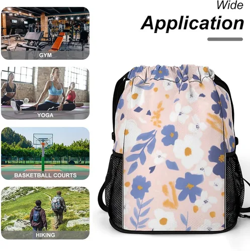 Vista 6 de Floral Backdrop Flowers Drawstring Backpack Drawstring Bags Drawstring Sport Bag Sports Gym Bag with Pockets for Women Men