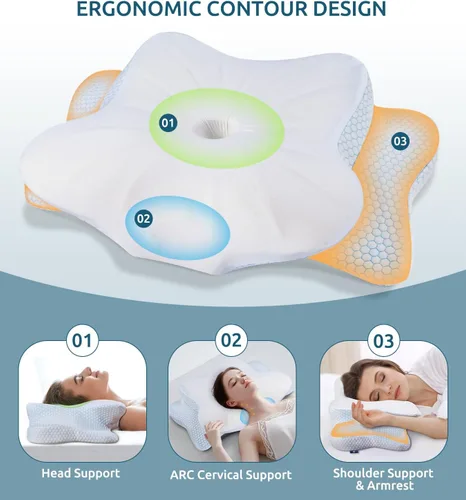 Vista 2 de Almohada cervical de espuma viscoelástica para cuello y hombros, almohada cervical de contorno ergonómico para dormir con 2 alturas, almohadas