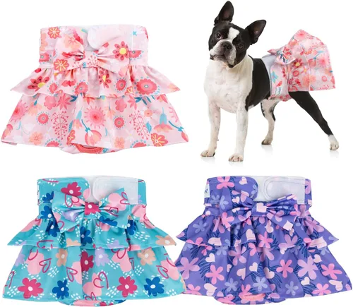 Vista 8 de Pet Soft Pañales para perras – Paquete de 3 pañales lavables estilo vestido para perras hembras en celo – Bragas reutilizables para perrito, pañal