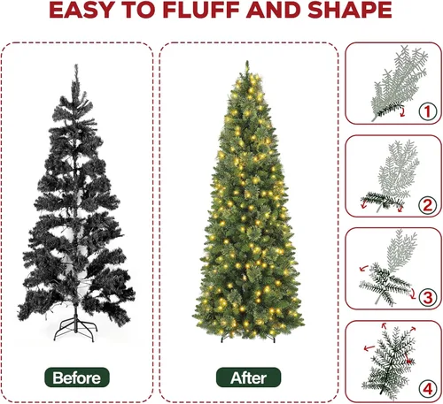 Vista 7 de Hykolity - Árbol de Navidad delgado preiluminado de 6 pies con 200 luces LED blancas cálidas 586 Branch Tips with Pine Needles, Hinged Design and