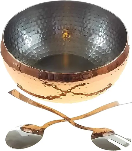 Vista 3 de Ensaladera martillada con acento de cobre de 3 piezas con 2 utensilios para servir, completo con cuchara y tenedor de gran tamaño a juego, úsalo