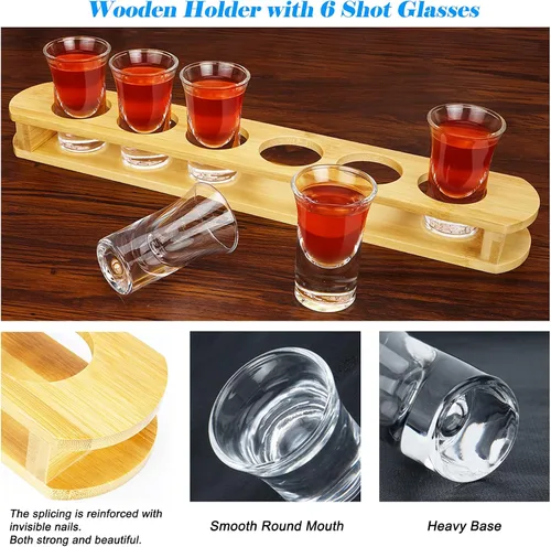 Vista 10 de D&Z Vasos de chupito de 1 oz con soporte, juego de vasos de chupito en bandeja de madera de bambú, 6 vasos de chupito de base pesada para whisky