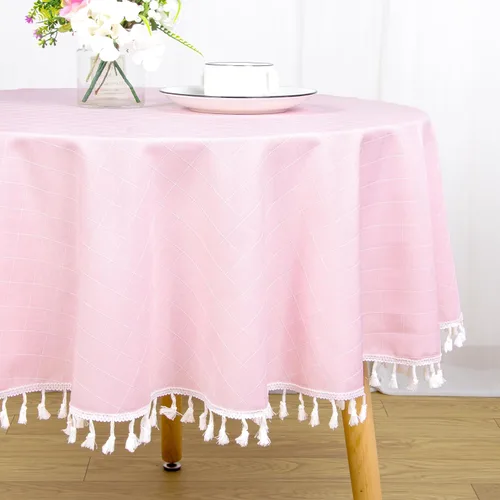 Vista 2 de ShinyBeauty Mantel Redondo Rosa Bebé de 55 Pulgadas Mantel Gingham Rosa a Cuadros Mantel de Mesa de Algodón para Mesa Redonda Mantel a Cuadros Rosa