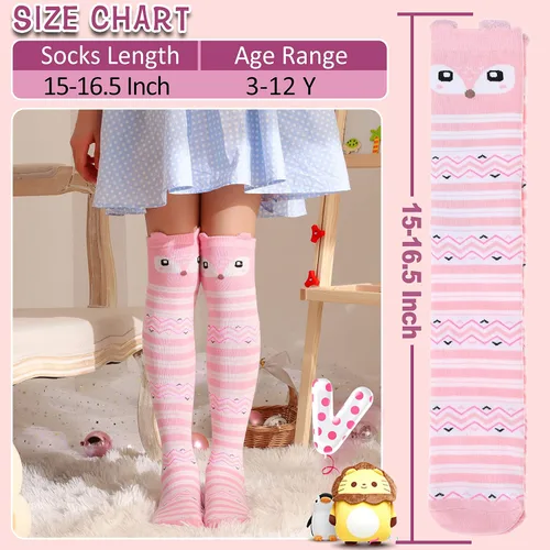 Vista 6 de MOGGEI 6 pares de calcetines hasta la rodilla para niños y niñas de regalo largos locos tontos altos divertidos lindos animales para niños