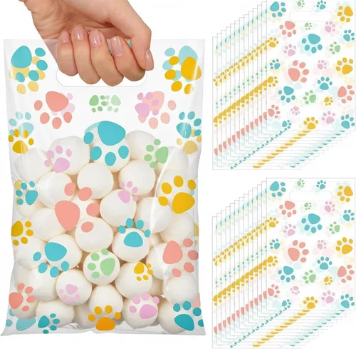 Vista 25 de Pasimy 100 bolsas de regalo de pata de perro a granel, diseño de pata de mascota, bolsas de plástico con asa para decoración de fiesta de cumpleaños