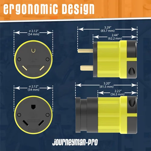 Vista 6 de Journeyman-Pro NEMA TT-30P, 30 amperios, 125 voltios, conector macho de hoja recta para remolque de RV, grado industrial, negro/amarillo, generador