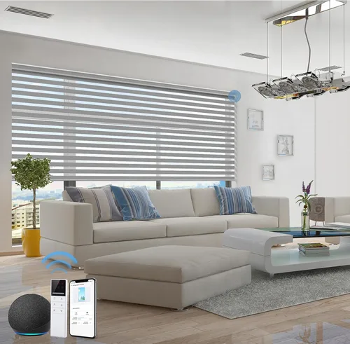 Vista 25 de tipiace Persianas inteligentes de cebra motorizadas con cable duro con Alexa Google Home, tela filtrante de luz de doble capa, persianas Negro