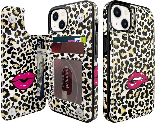 Vista 8 de Funda tipo cartera para iPhone 13 y 14 con soporte para tarjetas, funda trasera de piel sintética, con ranuras para tarjetas, doble cierre