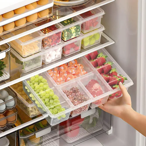 Vista 2 de Paquete de 2 bandejas para verduras con tapa, 5 compartimentos, contenedor de alimentos con divisores, bandeja grande para servir, recipientes