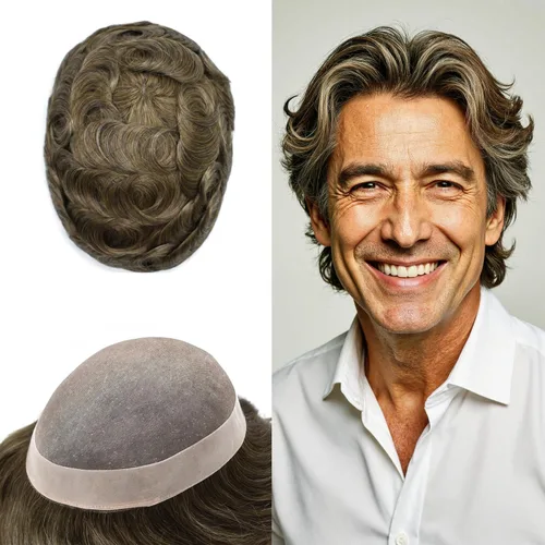 Vista 114 de Mens Toupee Hair Piece Real Human Hair Fine Mono Toupee para hombres Sistema de reemplazo de cabello para hombre Postizo Protesis Capilar Para