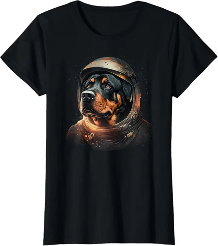 Vista 31 de Divertida camiseta Rottweiler con diseño de astronauta rottweiler en galaxia espacial, Negro