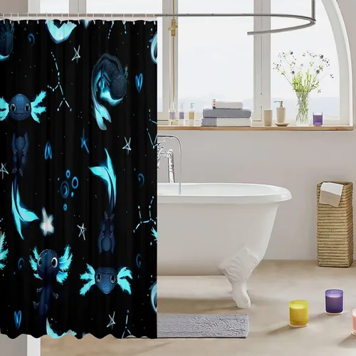 Vista 3 de Homewish Cortina de ducha con diseño de ajolote negro y azul, juego de cortina de ducha para niños y adultos, diseño de animales kawaii, cortina