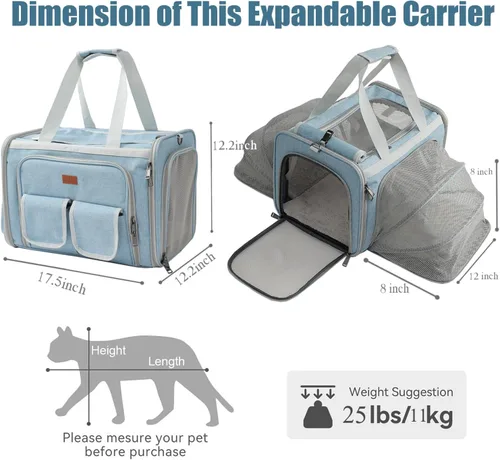 Vista 2 de Transportadores de gatos azul suave para perros, aprobado por aerolíneas, bolsa expandible para cachorros, lados blandos, expandido, bolsa de viaje