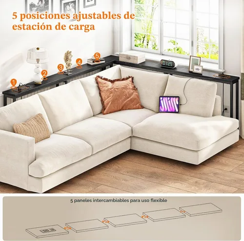 Vista 4 de HOOBRO - Mesa de consola estrecha de 63" con estación de carga, mesa de sofá de 5.9" con 2 tomas de corriente y puertos USB, mesas largas de entrada