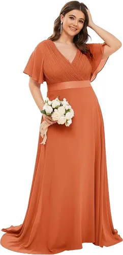Vista 24 de Ever-Pretty Vestidos formales de noche de gasa para mujer con cuello en V de talla grande para mujeres con curvas, vestido de dama de honor de largo