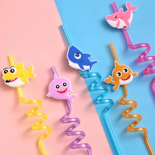 Vista 2 de 24 popotes de plástico reutilizables para niños y niñas, bebés, para natación, temática de tiburón océano, suministros de fiesta de cumpleaños