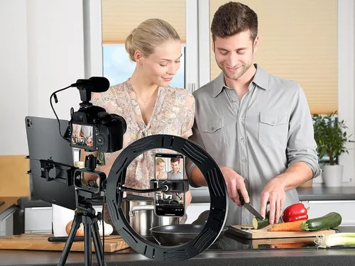 Vista 2 de Acuvar Kit de vlogging premium de 9 piezas para iPhone, Android y cámaras, micrófono, soporte de trípode y luz LED, paquete de YouTube, TikTok