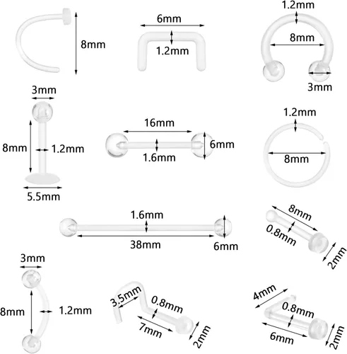 Vista 3 de Juego de 44 piezas de piercings de nariz transparentes, juego de piercings de acrílico para labios, flexible para nariz, lengua, vientre, ceja