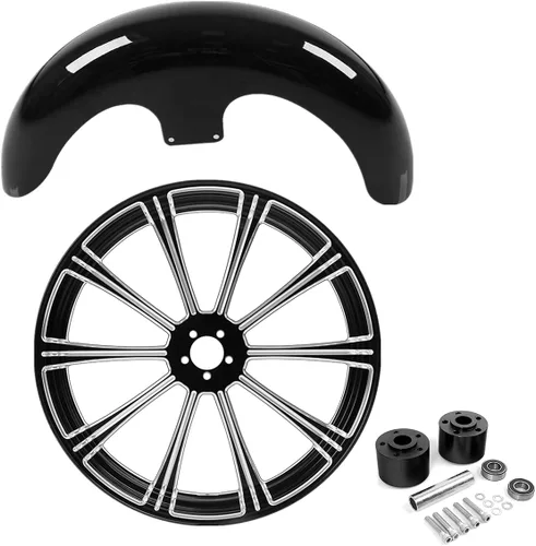 Vista 99 de TCMT Llanta de rueda delantera de 21", buje de rueda de brida de doble disco con guardabarros delantero negro sin pintar, compatible con modelos