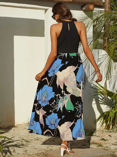 Vista 2 de OYOANGLE Vestido largo con estampado floral halter sin mangas con cinturón para mujer