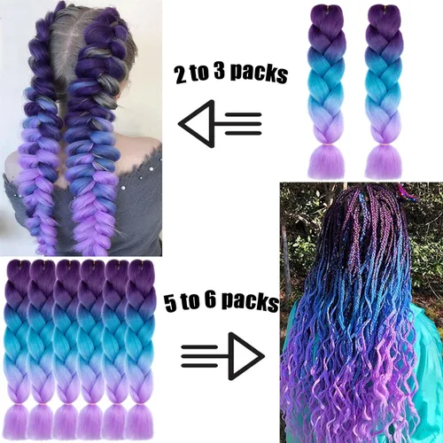 Vista 4 de 3 paquetes de extensiones de cabello sintético para trenzar de color negro a azul, tamaño jumbo ombré, de 24 pulgadas o trenzas de ganchillo