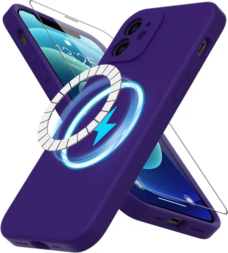 Vista 8 de DEENAKIN Funda magnética de silicona para iPhone 12 Pro con protector de pantalla, compatible con MagSafe, protección de cámara, funda protectora