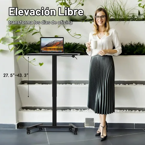 Vista 2 de Escritorio móvil de pie de 28 pulgadas, escritorio ajustable para computadora, escritorio de pie portátil con ruedas bloqueables, mesa rodante