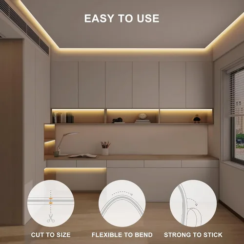 Vista 5 de Tira de luz LED COB de 32.8 pies con control remoto, 2700K Ra93+ regulable blanco cálido brillante luz LED COB tira de luz blanca para espejo