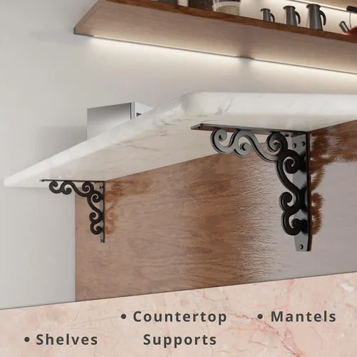 Vista 5 de Soportes de estante de metal Starby resistentes ~ Soportes de corbel de pared de hierro para mostrador, repisa, estantes ~ Hierro forjado negro ~