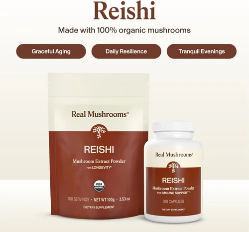Vista 3 de Real Mushrooms Reishi - Polvo de hongos orgánicos seleccionados a mano, reishi rojo para un bienestar diario tranquilo con beta-glucanos