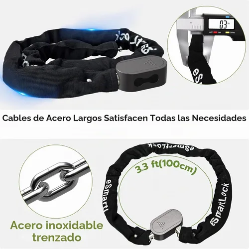 Vista 5 de Candado de cadena para bicicleta, 3.3 pies de largo, 0.315 in de largo, cadena de acero con llave de huellas dactilares Bluetooth, control