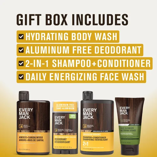 Vista 2 de Every Man Jack Set de regalo para el baño y el cuerpo para hombre, aroma ámbar + sándalo, ingredientes limpios, incluye gel de baño hidratante