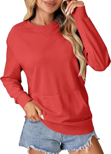 Vista 10 de OPOIPIN Suéter con bolsillo de manga larga y cuello redondo para mujer, estilo casual