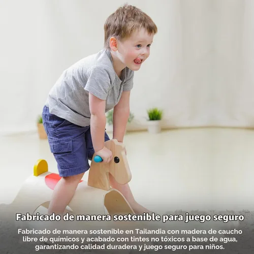 Vista 8 de PlanToys® Caballo mecedor de madera clásico Palomino para niños pequeños