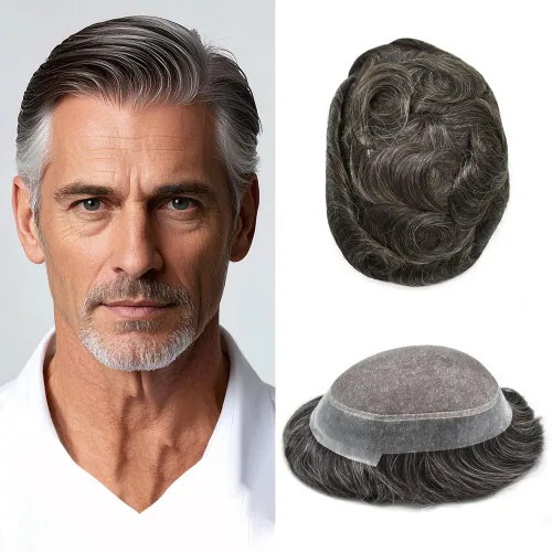 Vista 73 de Toupee para hombres Piezas de pelo fino mono para hombre Toupee sistema de reemplazo de pelo para hombres línea capilar natural para hombre postizo