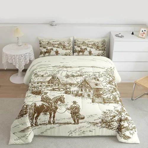 Vista 10 de Juego de edredón de vaquero individual, ropa de cama occidental para niños y hombres, ilustración dibujada a mano de caballo americano salvaje