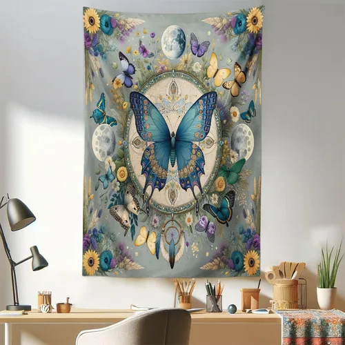 Vista 45 de Ambesonne Tapiz bohemio, diseño floral de bruja, luna y mariposa con adornos de mandala, decoración de tela para colgar en la pared para dormitorio