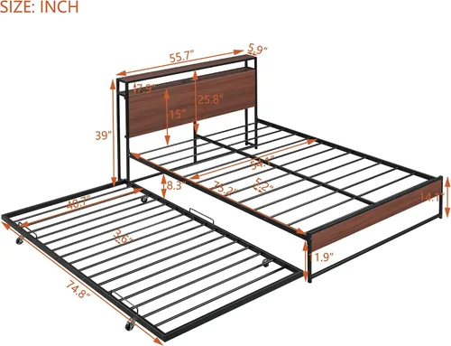 Vista 2 de SOFTSEA Marco de cama de plataforma de metal de tamaño matrimonial con nido, puertos USB con cabecera de almacenamiento de madera, cama de panel