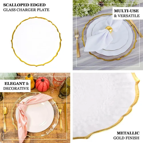 Vista 4 de Efavormart - Paquete de 8 platos de vidrio transparente de 13 pulgadas con borde festoneado dorado metálico; placas inferiores festoneadas