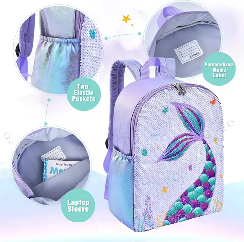 Vista 4 de WERNNSAI Mochila de sirena para niños mochila escolar de lentejuelas brillantes para niños pequeños preescolar jardín de infantes primaria 15