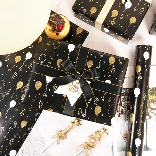 Vista 7 de Rollo de papel de regalo de cumpleaños, papel de regalo negro mate y dorado para mujeres, hombres, niños y niñas, diseño de globo de lámina dorada