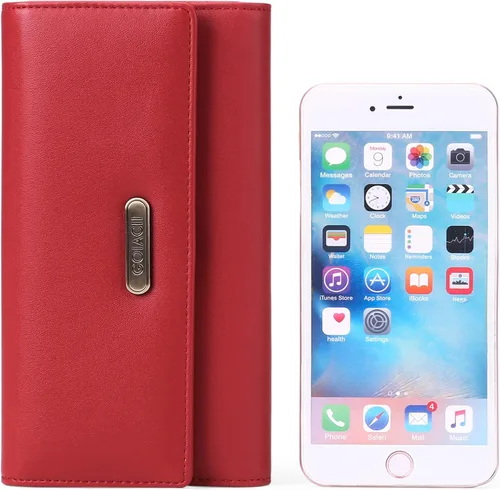 Vista 5 de GOIACII Cartera de mujer con bloqueo RFID triple pliegue cartera de mano larga para mujer cartera de cuero vegano con bolsillo para monedas A02-rojo