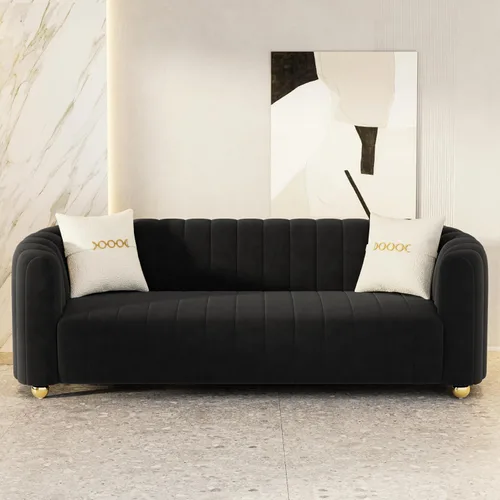 Vista 4 de Moderno juego de sofá de terciopelo negro de 3 piezas para sala de estar, juego de sofá curvado acolchado con patas de esfera de metal dorado