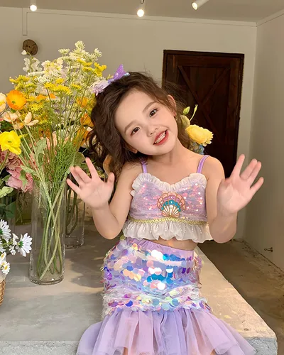 Vista 5 de Falda de sirena para niña, disfraz de cola de lentejuelas brillantes