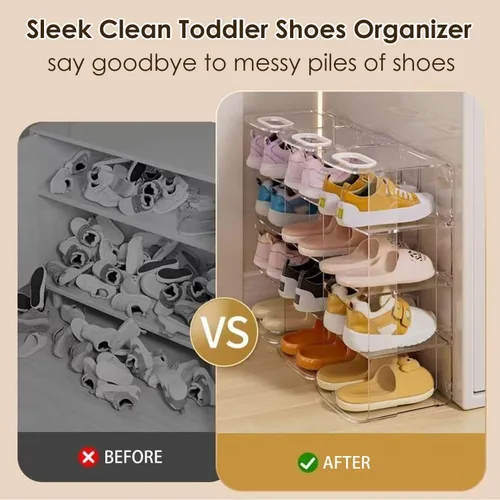 Vista 6 de Zapatero de acrílico para niños, 2 unidades, almacenamiento de zapatos para niños pequeños, 4 secciones, organizador de zapatos para bebés